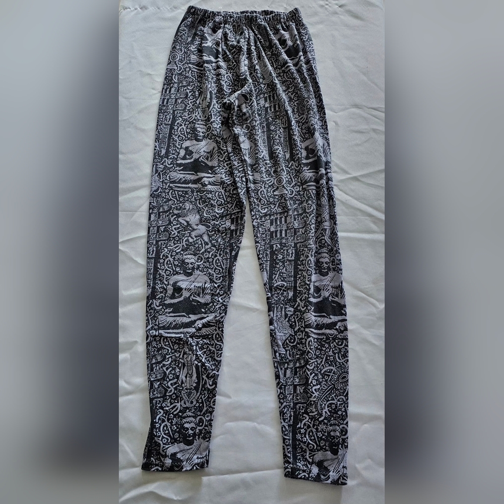 Vintage 90s Y2K O. Brooks Buddha Graphic Leggings Black Gray Stretch Pants